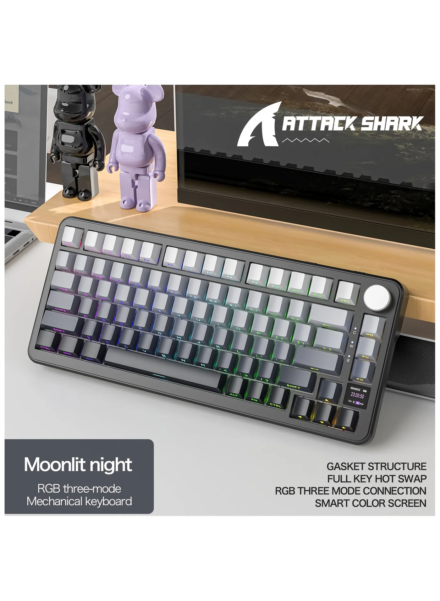 Wireless Mechanical Gaming Keyboard 75% Compact Layout with Smart TFT Display and Metal Knob (Moonlight Black, 75% Layout) i3ikb