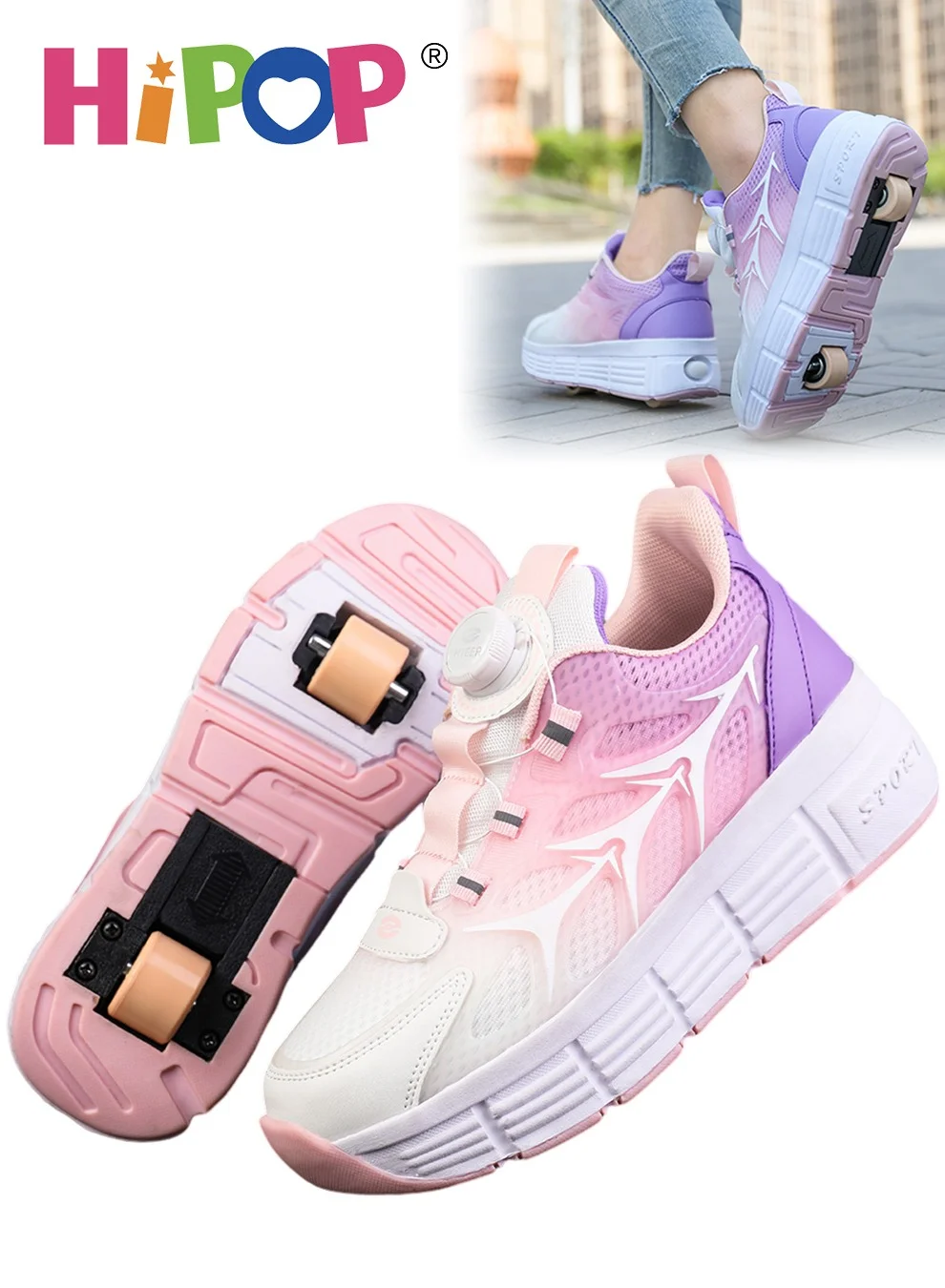 HIPOP Kids Retractable Roller Shoes Double Wheel Skate Sneakers (Unisex, Adjustable Size) aet0w