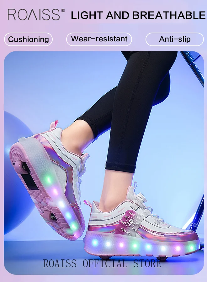 Roaiss LED Roller Skates Shoes for Kids, Adjustable Double Wheel Sneakers with Rechargeable Luminous Lights (Pink, Unisex) se8my