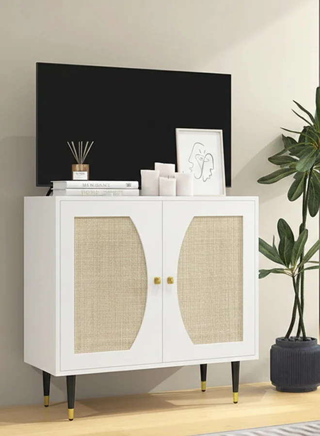NKX Boho Rattan Sideboard Cabinet with 2 Doors (White, 80cm x 40cm x 80cm) btnef