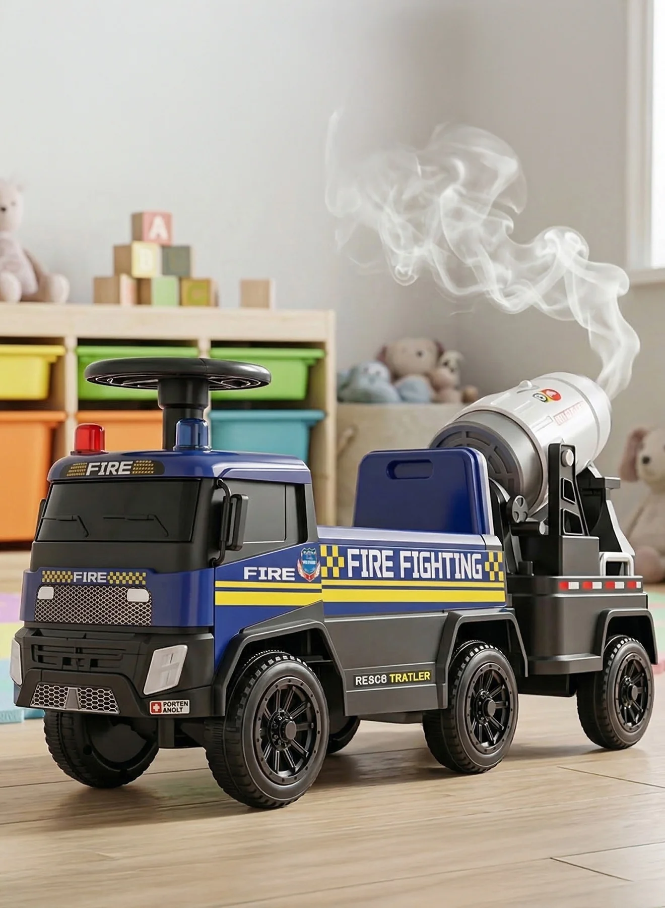 BAYBEE Fire Engine Ride-on Push Car for Kids, Interactive Toy with Lights, Music & Smoke Effect (Blue, 1-3 Years) 1gdtr