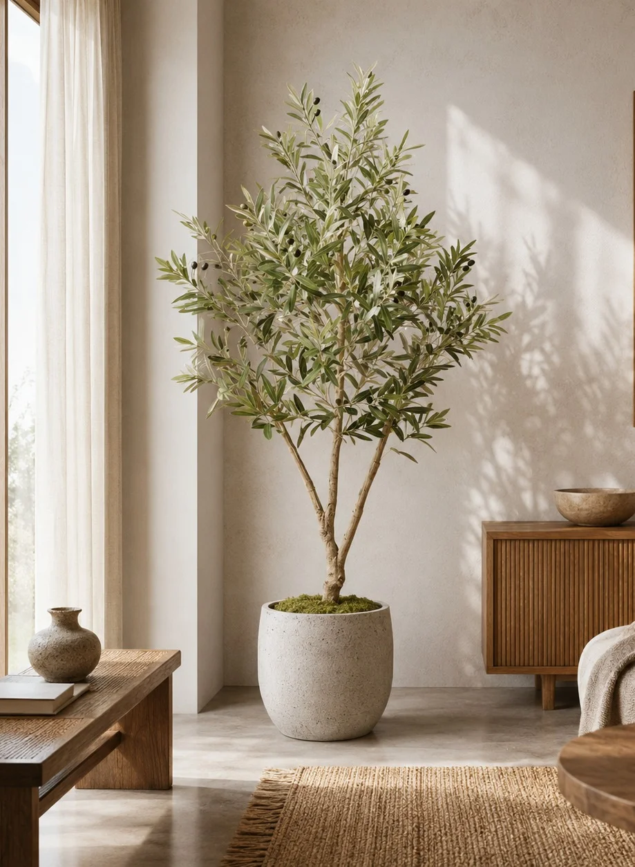 Zvezvia Premium Artificial Olive Tree with Twisted Trunk and Realistic Fruits for Indoor Home and Office Decor (Green, 150 cm) w3en7
