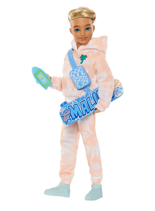 Fashion Doll Posable Ken Fashion Figure with Removable Summer Outfits and Skateboard Accessories (9 Pieces) kw26n