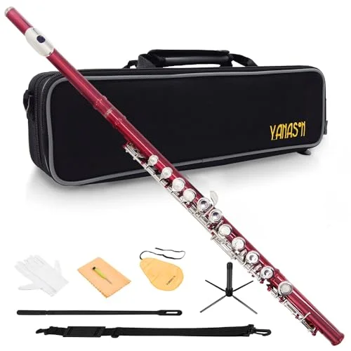 Premium C Flute 16-Key Closed Hole Nickel-Plated Instrument Set for Students and Professionals (Red, 67 cm) 1rpoq