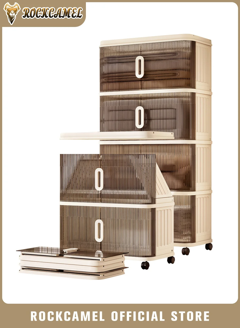 ROCKCAMEL Multifunctional Folding Storage Cabinet 4-Tier Stackable Organizer with Wheels and Dual Opening Doors (Clear, 55x33x104cm) gdax8