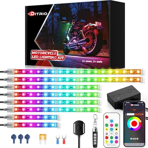 DITRIO Motorcycle LED Underglow Light Kit (8-Piece Set, RGB Multicolor, Waterproof, 12V) for Motorcycles, ATVs, and UTVs 3yf44