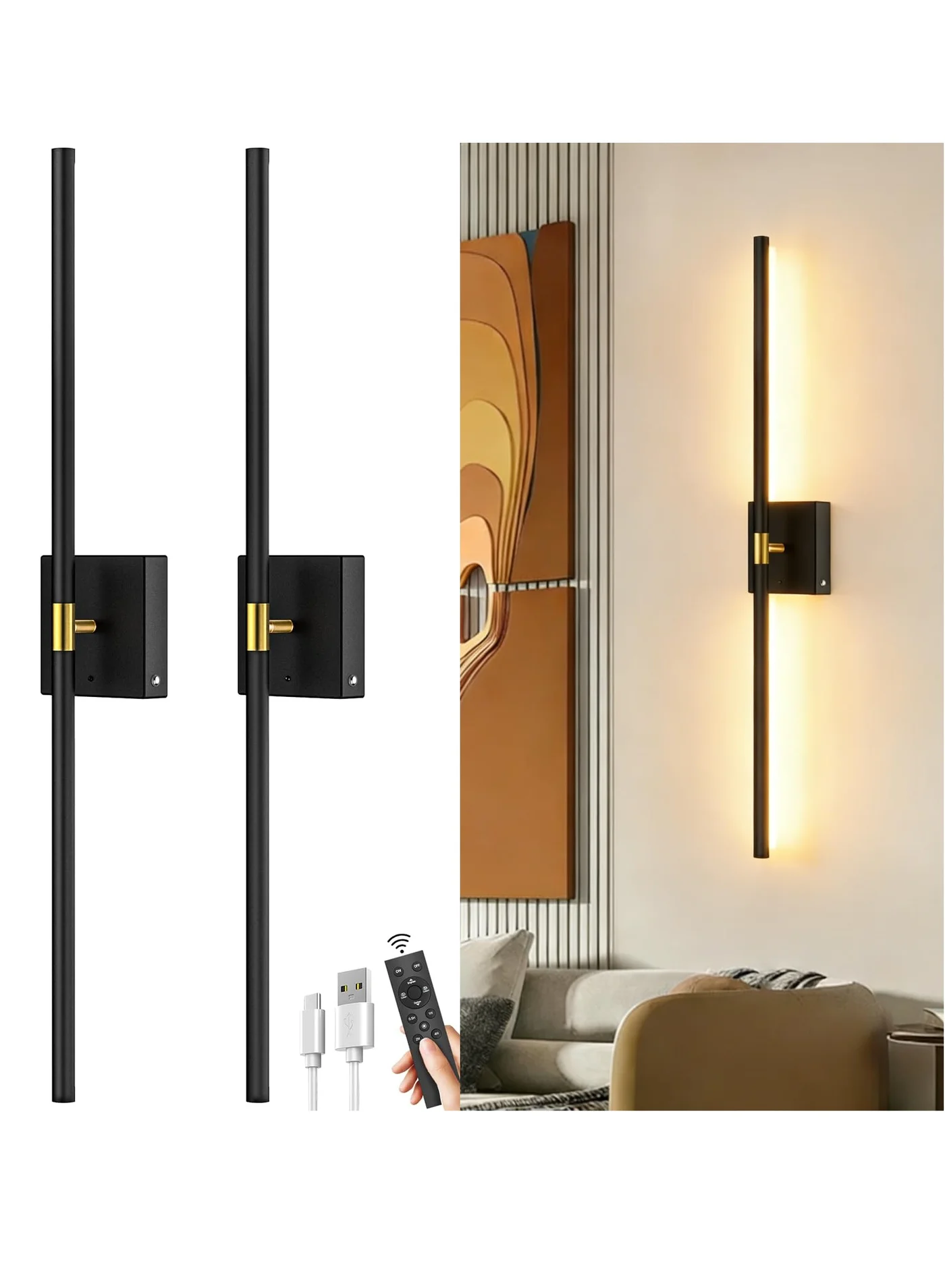 NIUB Wireless Wall Sconces Set of 2, Rechargeable Magnetic LED Wall Lights with Remote Control, 3000K-6000K Dimmable Lighting for Bedroom and Living Room (Black+Gold, 10000mAh) vsmll