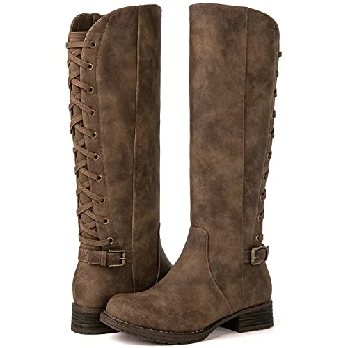 Premium Women Knee High Motorcycle Boots Strappy Equestrian Style Footwear (Camel, Size 39) fncu9