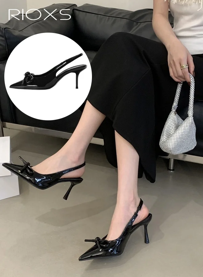 RIOXS Slingback Kitten Heels Pointed Toe Stiletto Pumps with Bow Detail (Black, 38) zfvcg