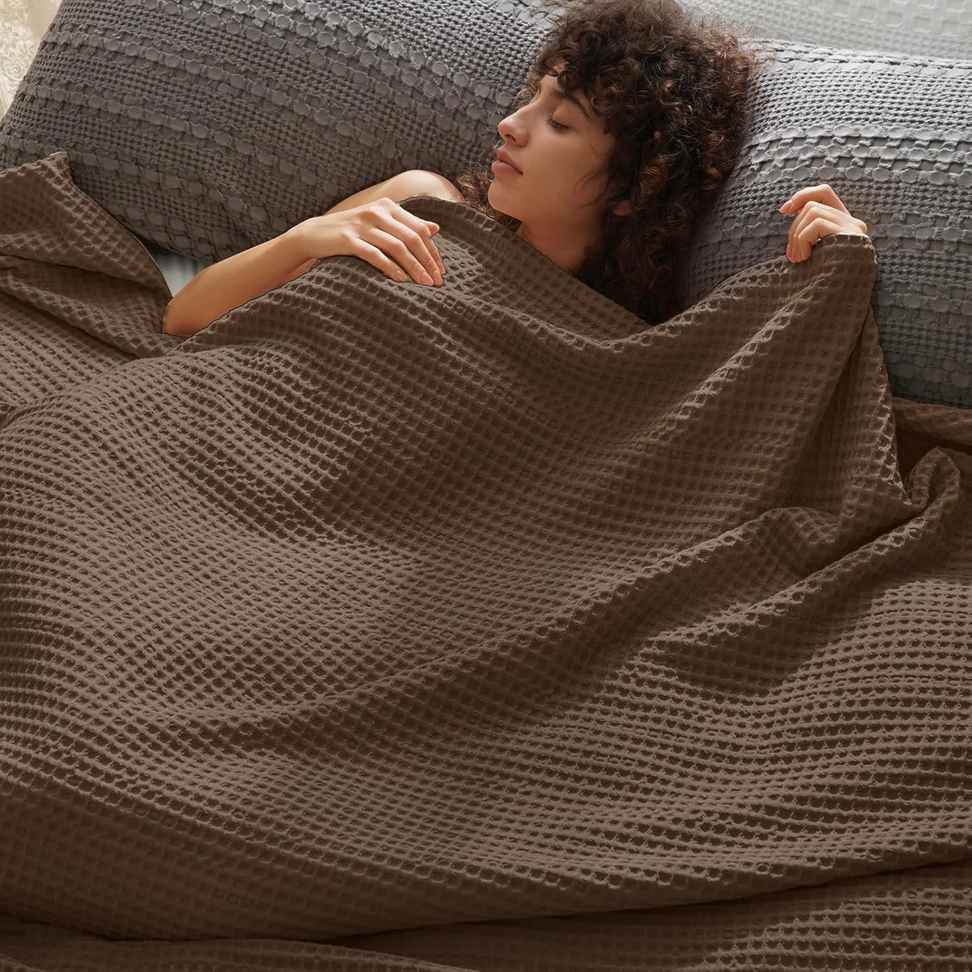 PHF Ultra Soft Waffle Weave Blanket Premium Polyester Bedding (Cocoa Brown, 230cm x 264cm) pa4g8