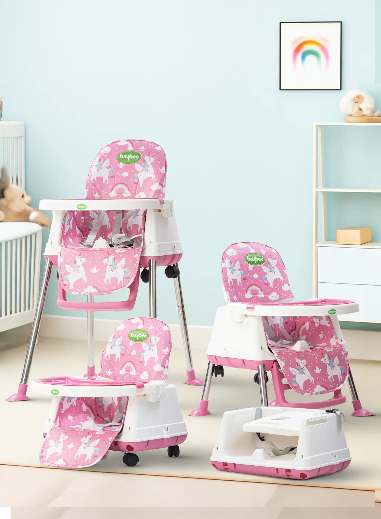 Nuvella 4-in-1 Convertible Baby High Chair with Adjustable Height and Safety Belt (Pink, 1 Unit) xr82e