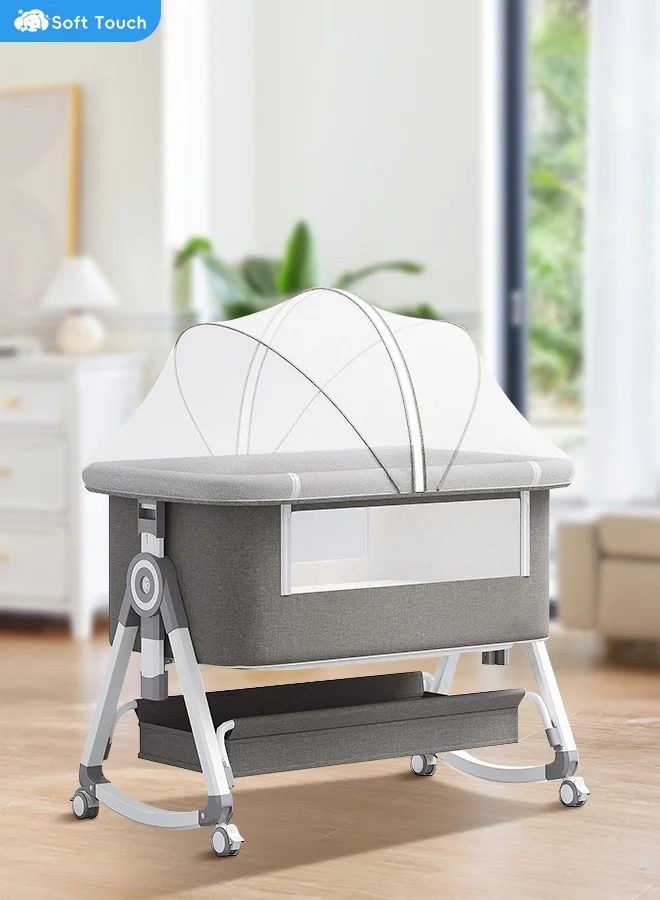 Soft Touch 4-in-1 Baby Bedside Crib with Storage Basket and Mosquito Net (6 Height Adjustable, Foldable, Grey) dtqhs