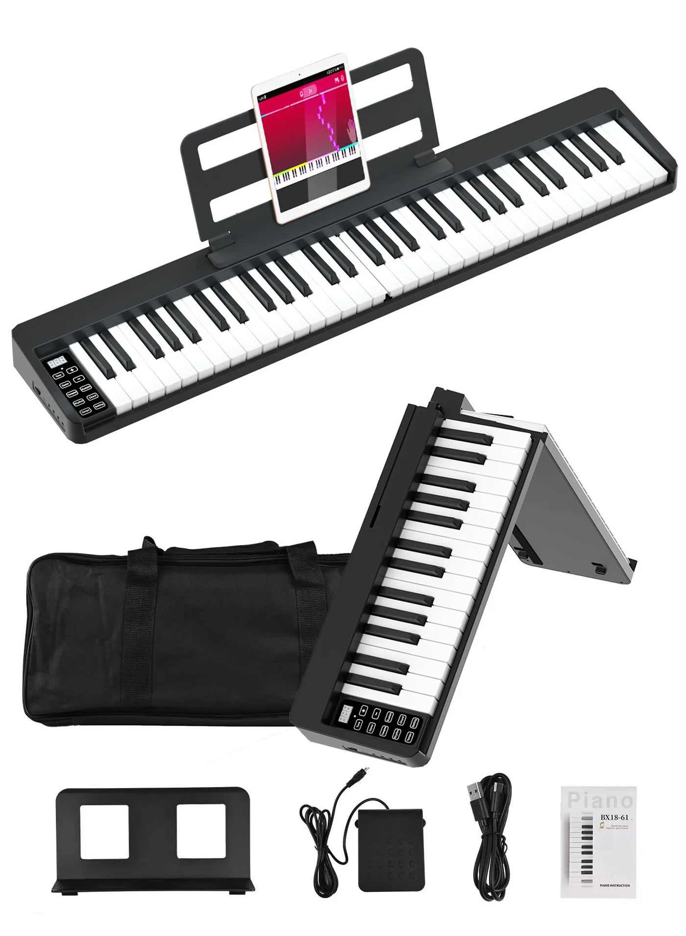 Premium Folding 61-Key Digital Piano Portable Keyboard with Carry Bag and Stand (Black) 8dfc5