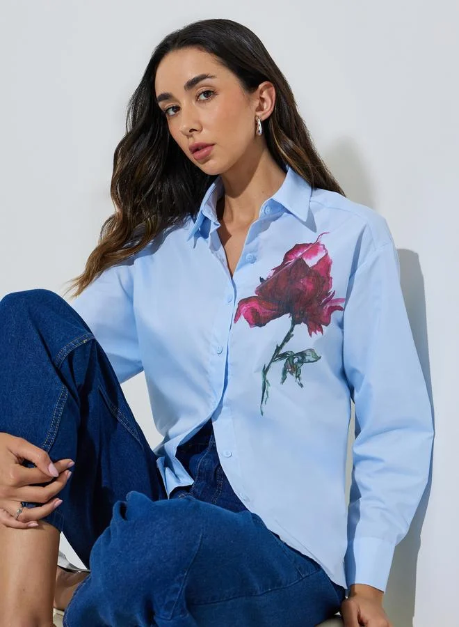 Styli Light Blue Floral Print Long Sleeve Shirt Premium Casual Button-Up (Blue, Adult) iglhs