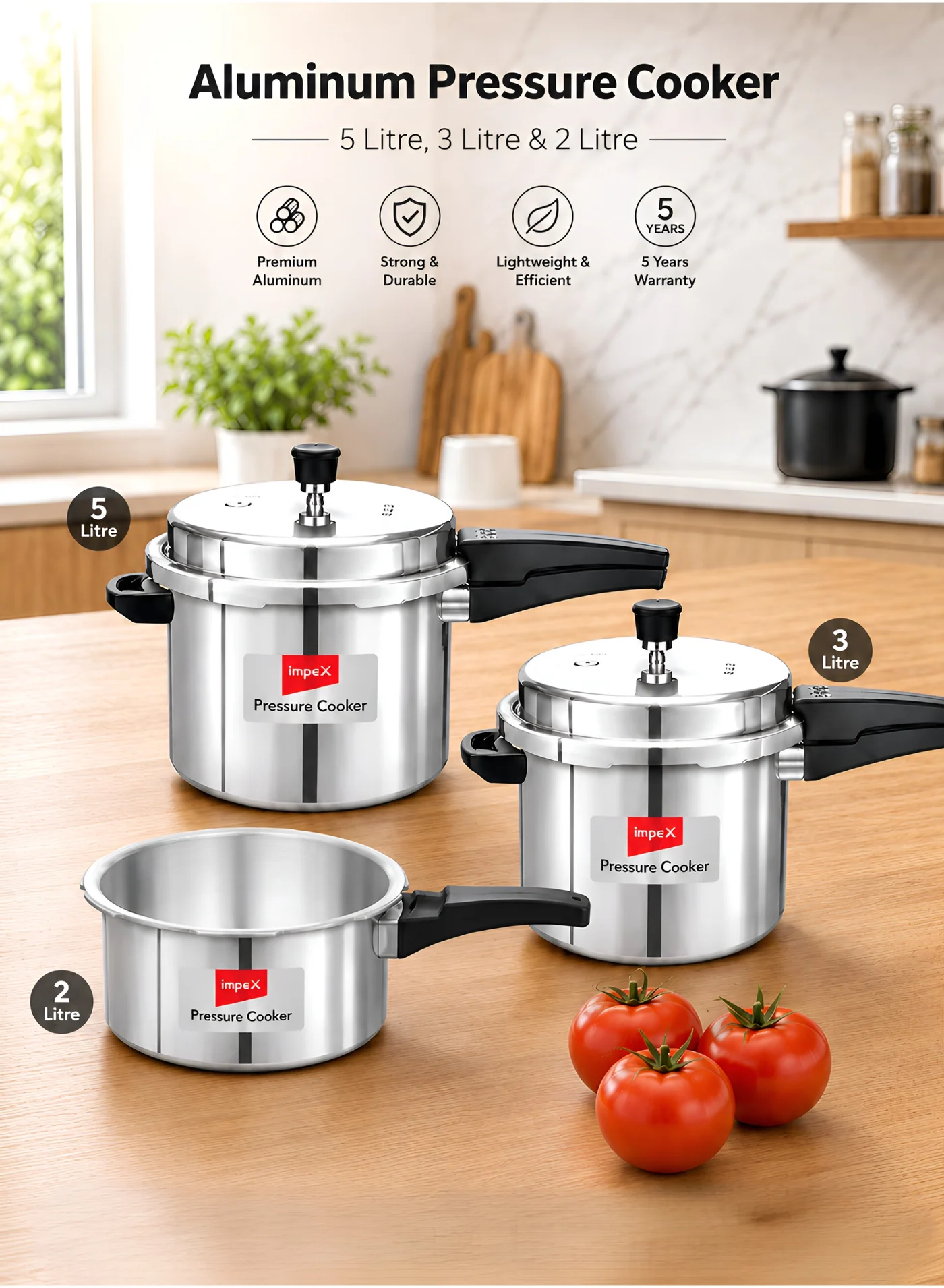 Impex Aluminium Pressure Cooker Combo Set with Outer Lid for Induction and Gas Stoves (Silver, 2L, 3L & 5L) 14920