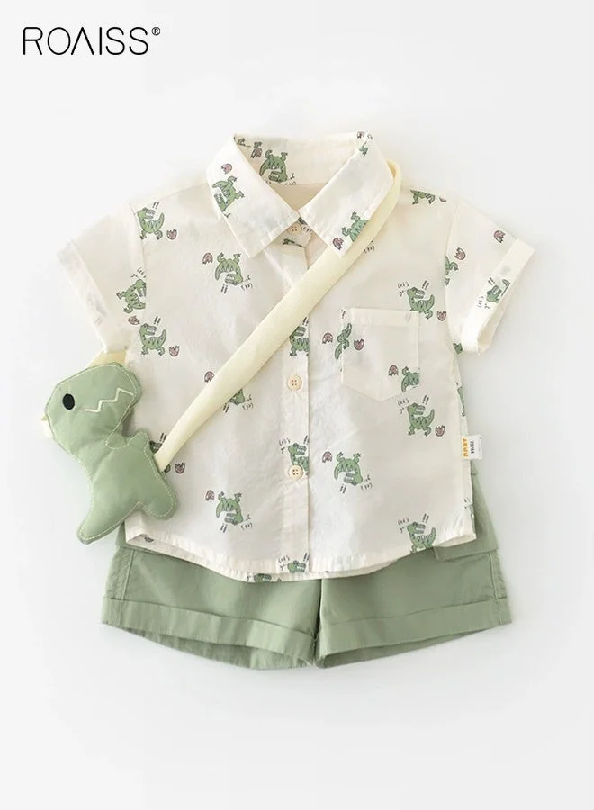 Roaiss Boys 3-Piece Summer Outfit Set with Dinosaur Plush Toy (Short Sleeve Shirt and Elastic Waist Shorts, Kids) ah0yu