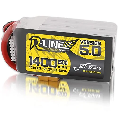 TATTU R-Line Version 5.0 6S LiPo Battery 22.2V 150C 1400mAh High-Discharge Power Pack with XT60 Plug for Racing Drones xe0kl