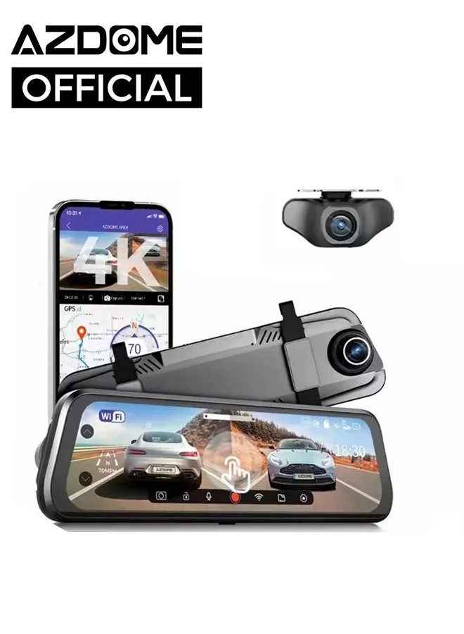 AZDOME Mirror Dash Cam 4K Front and 1080P Rear View Camera Dual Lens System with GPS and WiFi for Cars spx10