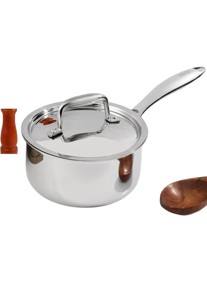 VINOD Triply Stainless Steel Saucepan with Lid Premium Heavy Bottom Chai Pan (Silver, 1.2 Litres, 14 cm) ctead
