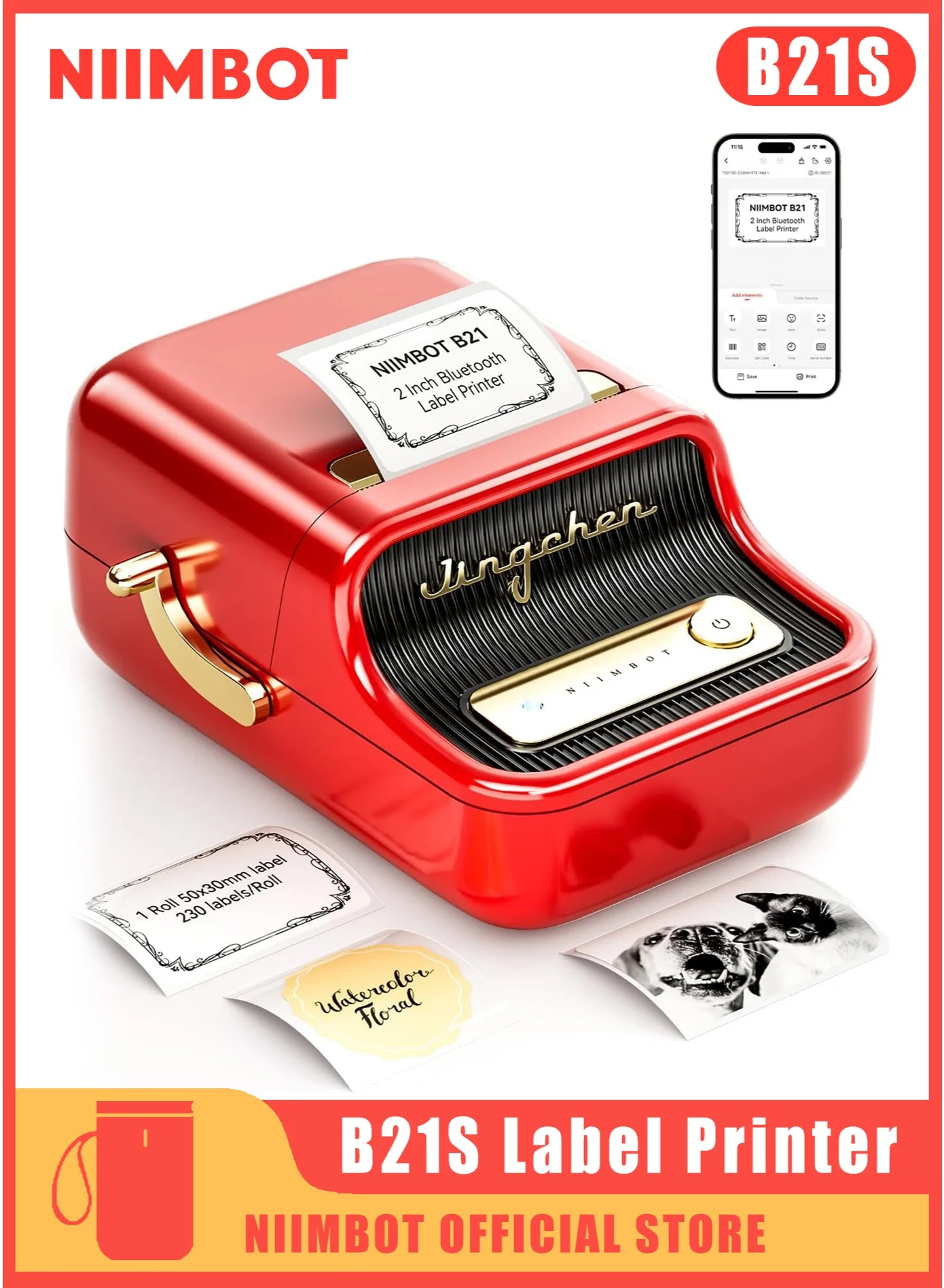 Portable Thermal Label Maker Bluetooth Wireless Printer for Business and Home Use (Red, 50x30mm) 7du6s