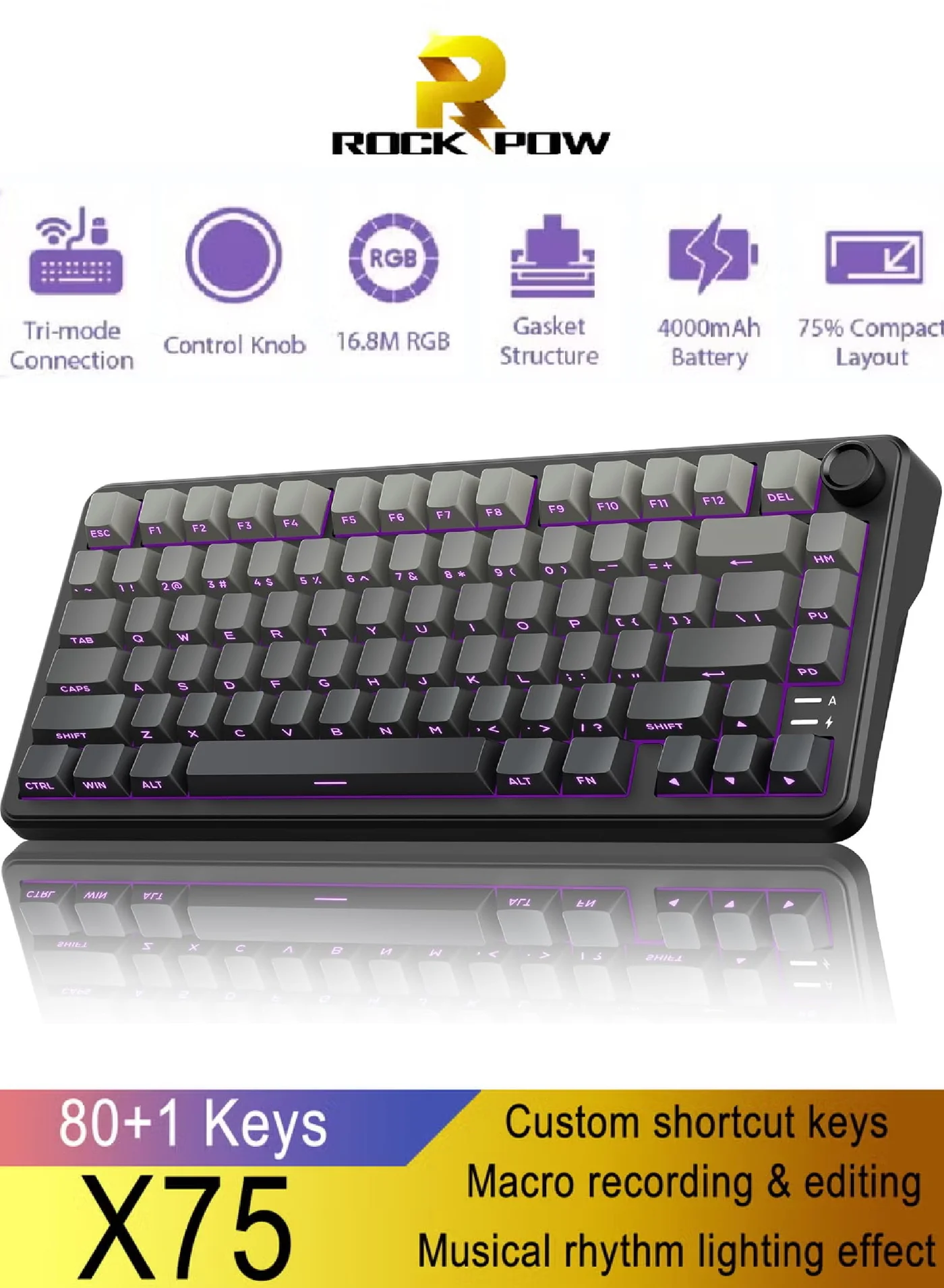ROCK POW X75 Wireless Mechanical Gaming Keyboard, 75% Compact Layout with RGB Backlight, Hot-Swappable Linear Switches, Tri-Mode Connectivity (1 Unit) axfho