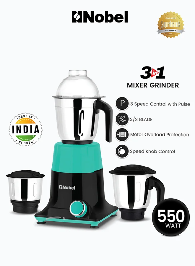 Nobel 3-in-1 Mixer Grinder with Stainless Steel Jars and 3-Speed Control (550 W, Black) vehmx