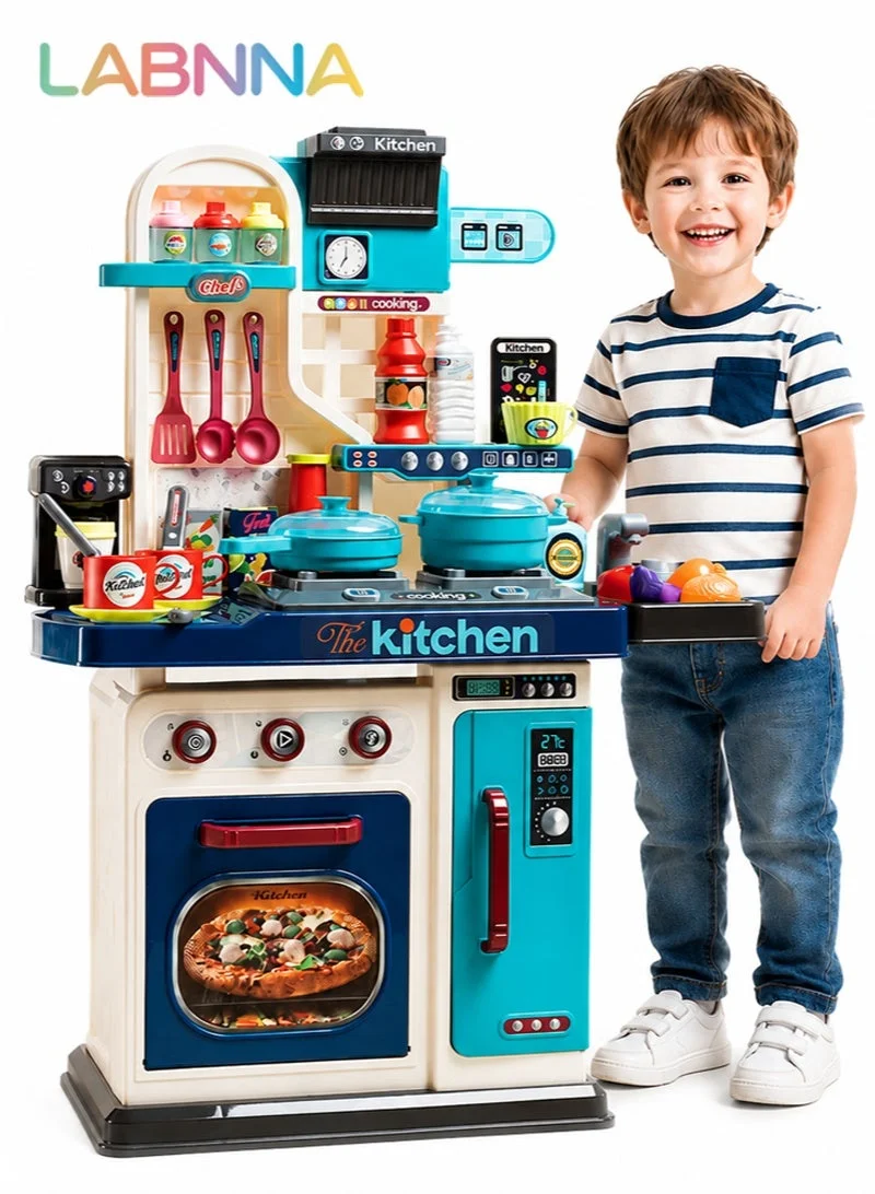 LABNNA Kids Kitchen Playset with Realistic Lights and Sounds, Interactive Cooking Stove and Sink Pretend Play Set (Blue, 53 Pieces) z781c