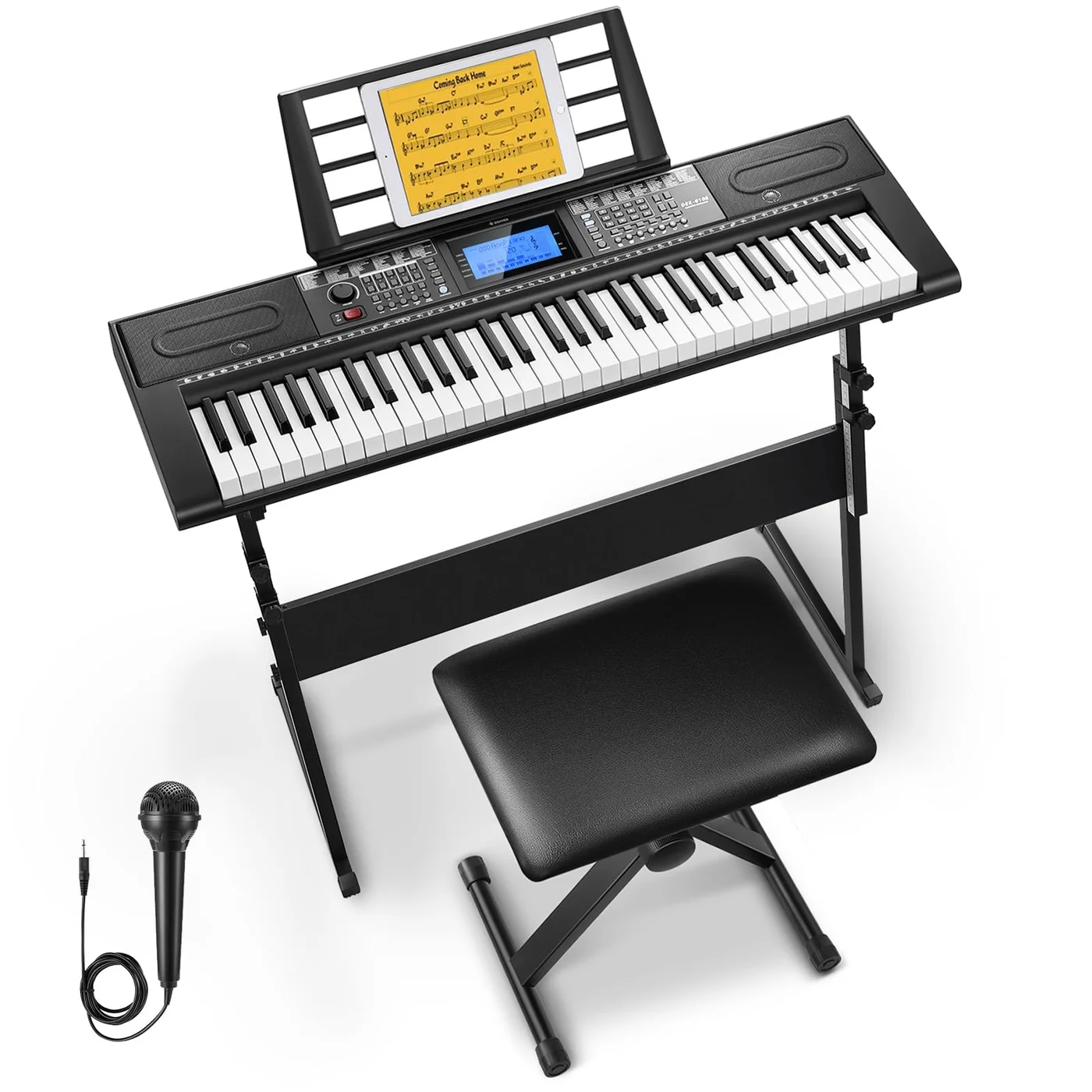 Premium 61-Key Electric Keyboard Piano Set with Stand Stool and Microphone for Beginners (Black, 61 Keys) 2ngoy