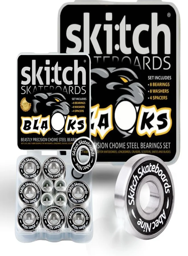 SKITCH Pro Skateboard Bearings Set ABEC 9 Chrome Steel Precision Kit for Longboards and Scooters (Black, 8-Pack) y1xjf