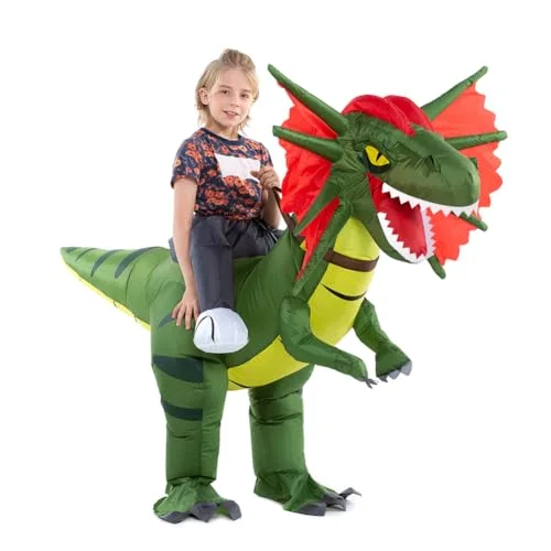 HSCTEK Inflatable Dinosaur Costume for Kids, Ride-On Dilophosaurus Halloween Outfit (One Size) vl56c