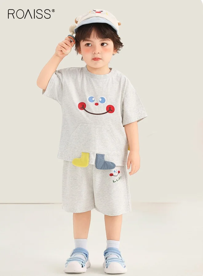 Roaiss Boys Summer 2-Piece Set Short Sleeve T-Shirt and Elastic Waist Shorts Cartoon Print Outfit (Multi-Color, 110cm) bwu1y