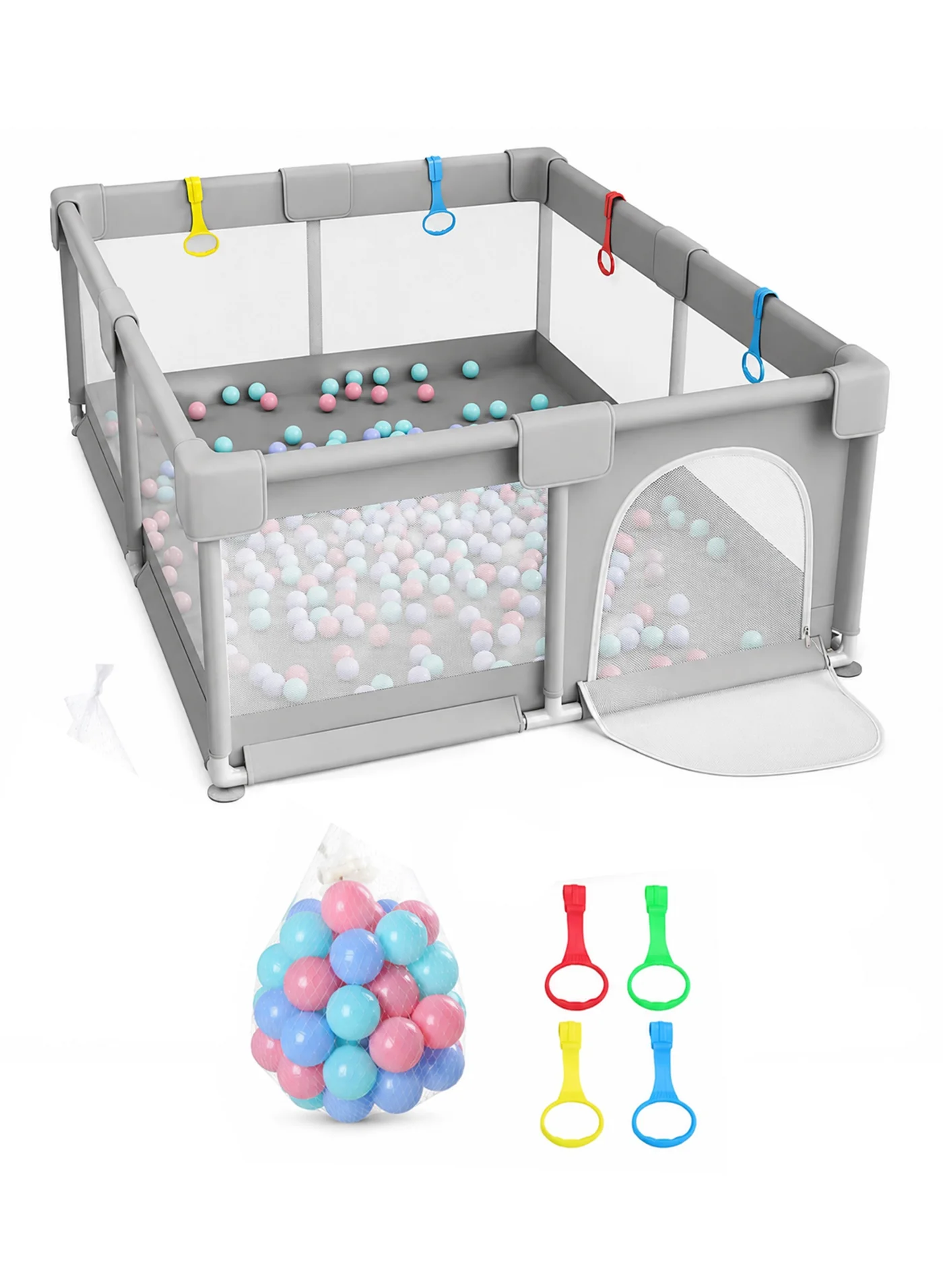 TOTOJOY Baby Playpen Activity Centre with 50 Balls and 4 Pull Rings (Grey, 180x150cm) u1yjd