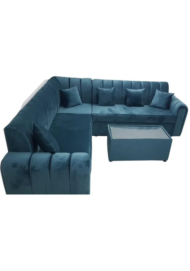 Maharat Al Bahar L-Shaped Velvet Sofa Set 6-Seater with Cushions and Coffee Table (Dark Teal, 250x80x80 cm) v9fnf