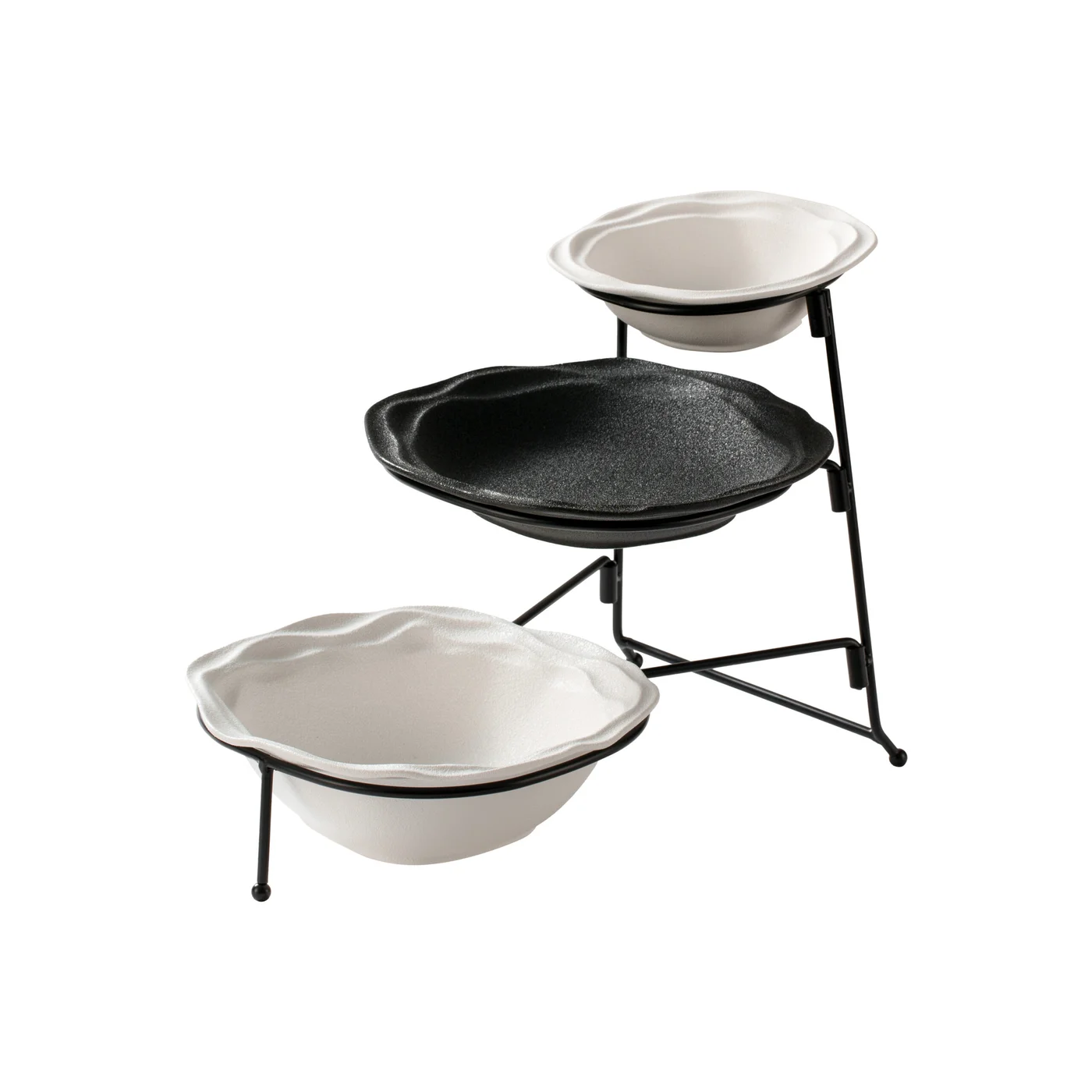 Premium 3-Tier Porcelain Serving Bowl Set with Metal Stand (Black & White, 15cm, 21cm & 22cm) for Majlis Hosting and Elegant Table Presentation l0jj3