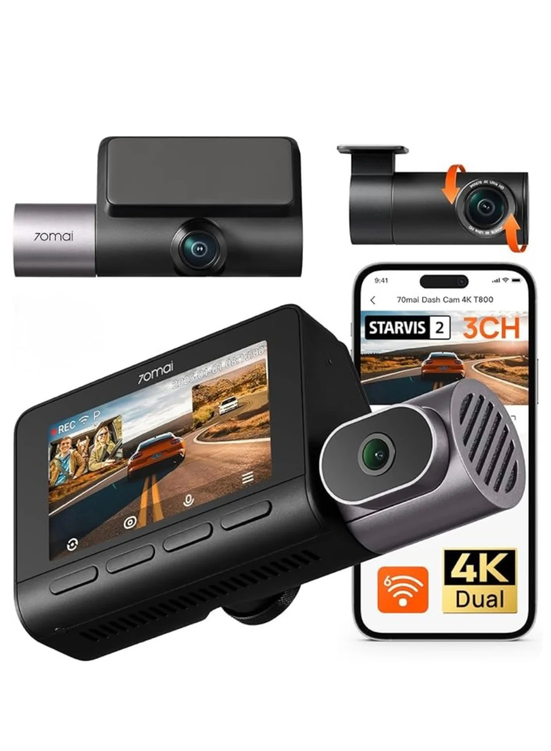 Premium 3-Channel 4K Dash Cam System with Front Interior and Rear Recording (256GB SD Card Included, WiFi 6, HDR Night Vision) bwqhf