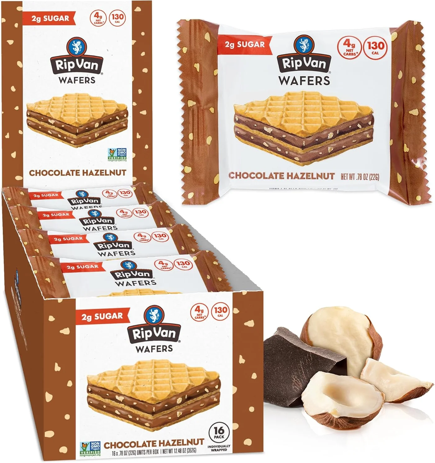 Rip Van Wafels Chocolate Hazelnut Wafer Cookies (Pack of 16, Keto-Friendly Snack) 24r7h