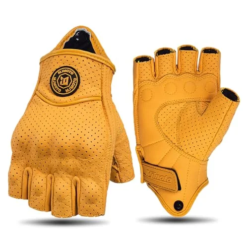 Premium Vintage Perforated Leather Motorcycle Gloves Half Finger Protective Gear for Summer Riding (Yellow, Medium) pp25e