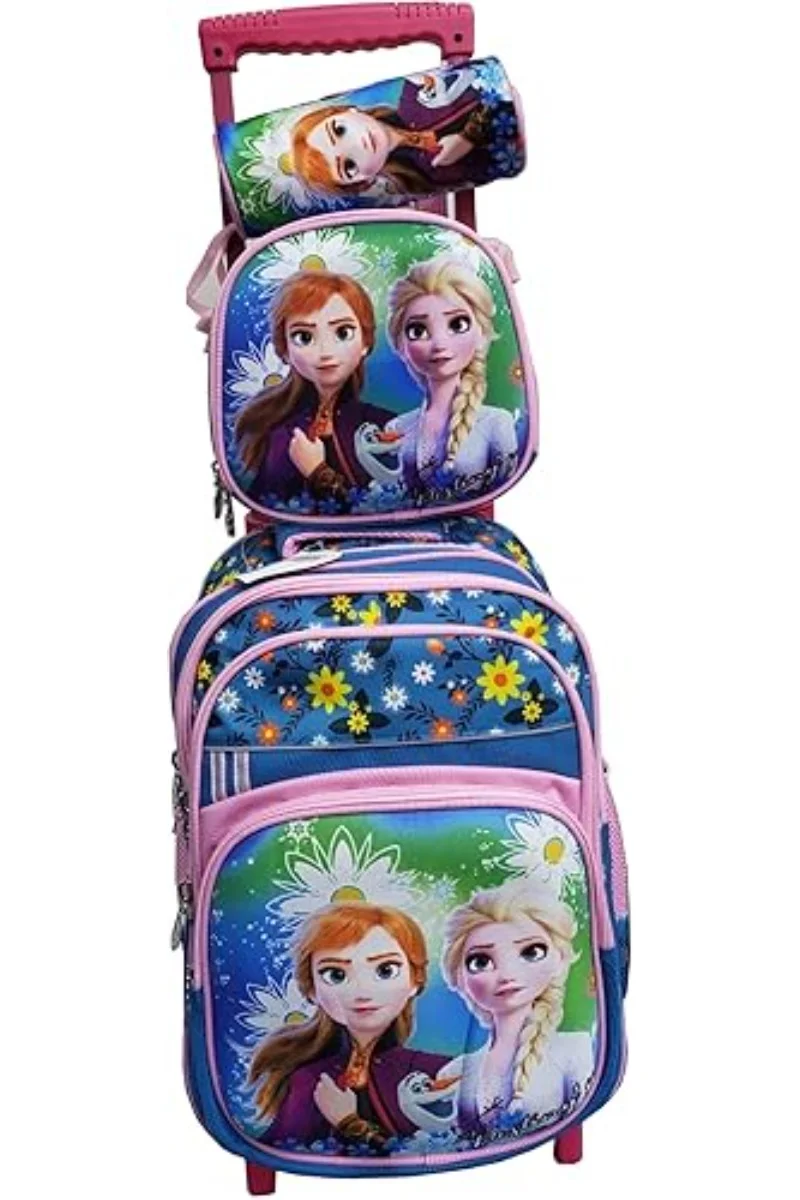 Cartoon Kids School Trolley Backpack Set (3-Piece, 16.5 Inch Rolling Bag with Lunch Box and Pencil Case) hsdn0