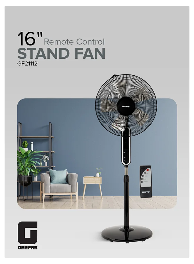 Geepas 16-Inch Pedestal Stand Fan with Remote Control, 60W Motor, 3 Speed Modes, Adjustable Oscillation, Timer Function (Black, 40 cm) kxwys