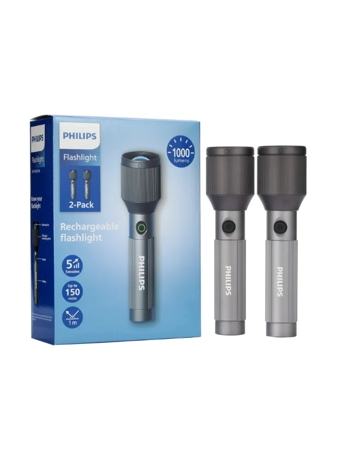 Premium Rechargeable LED Flashlight Torch Set (Grey, 2 Pack) High-Lumen Aircraft Aluminum Alloy Body with Adjustable Zoom Beam 8shf7