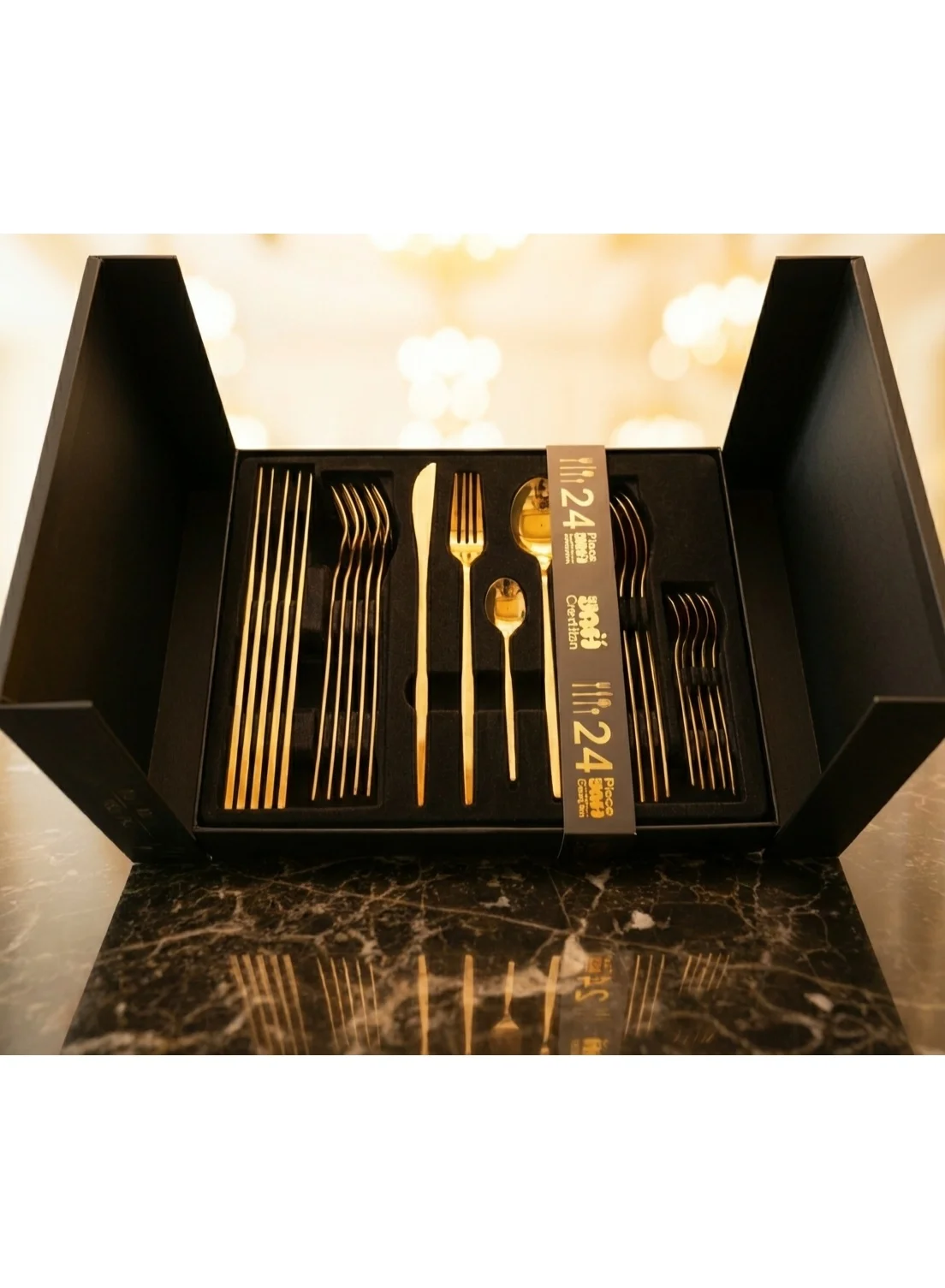 YAH Creation 24-Piece Golden Stainless Steel Cutlery Set, Mirror-Polished Modern Flatware for Six, Premium Ergonomic Dinnerware (24-Piece Set) 1hrw5