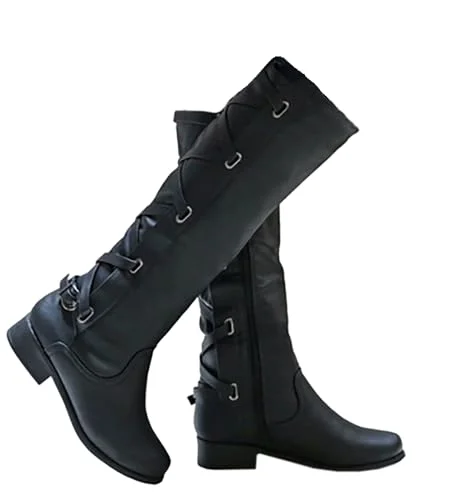 Premium Women Knee High Motorcycle Boots Lace Up Riding Flat Shoes (Black, Size 38) qt1zz