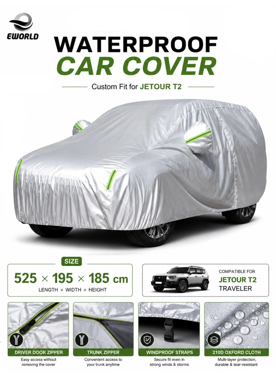 Eworld SUV Car Cover for Jetour T2 Waterproof 210D Oxford Cloth All-Weather Protection (Silver, Universal SUV Fit) ilwf0