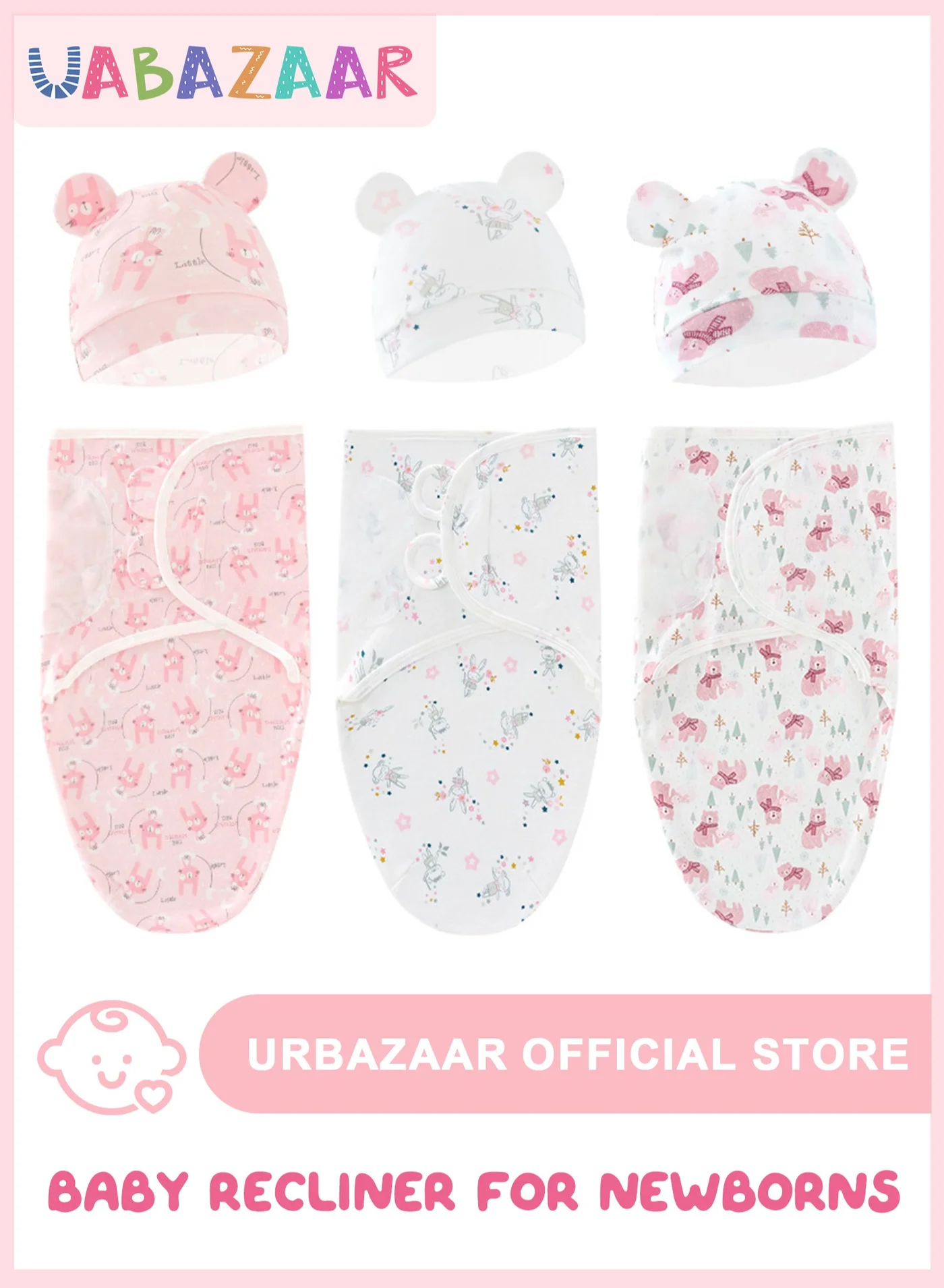 URbazaar Baby Swaddle Sleep Sack and Hat Set (Soft Cotton, 3-Pack, Newborn, Pink, 0-3 Months) lnkaz