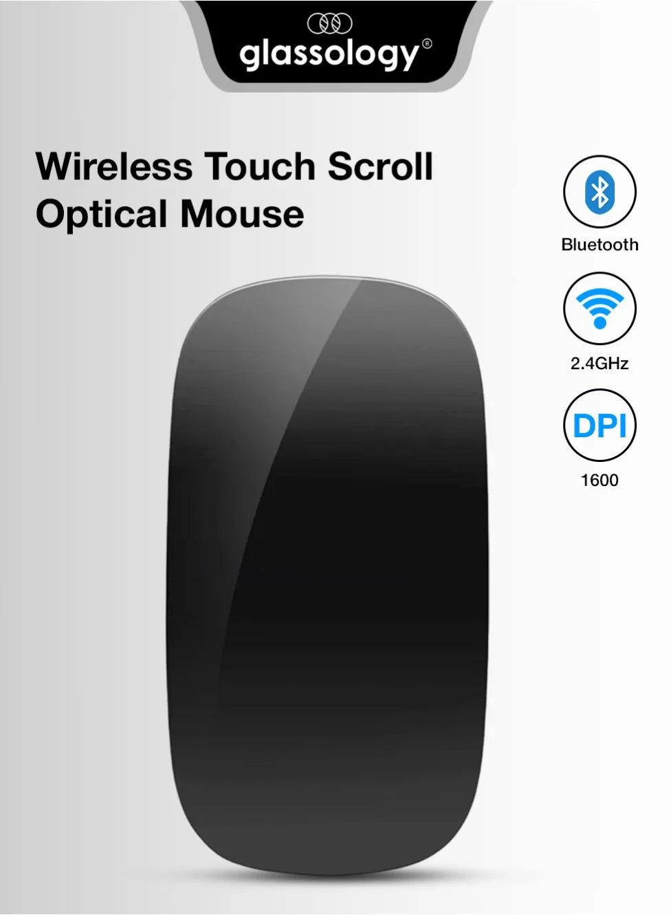 Glassology Rechargeable Wireless Optical Mouse Bluetooth 5.1 Precision Sensor Ambidextrous Design (Black) 2ccf0
