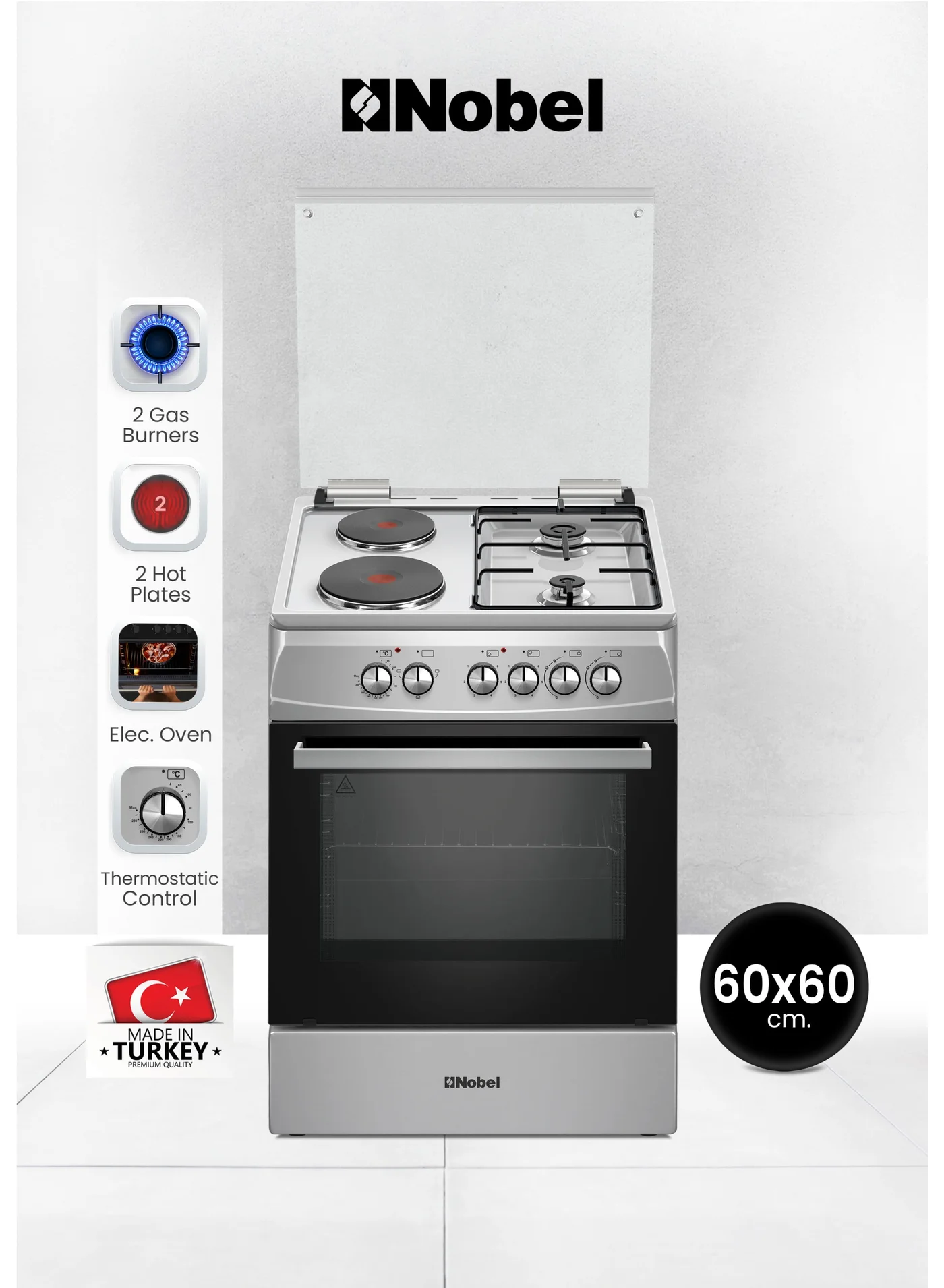 Nobel 60x60cm Freestanding Cooking Range with 2 Gas Burners & 2 Electric Hotplates, 70L Electric Oven (Silver) npnq7