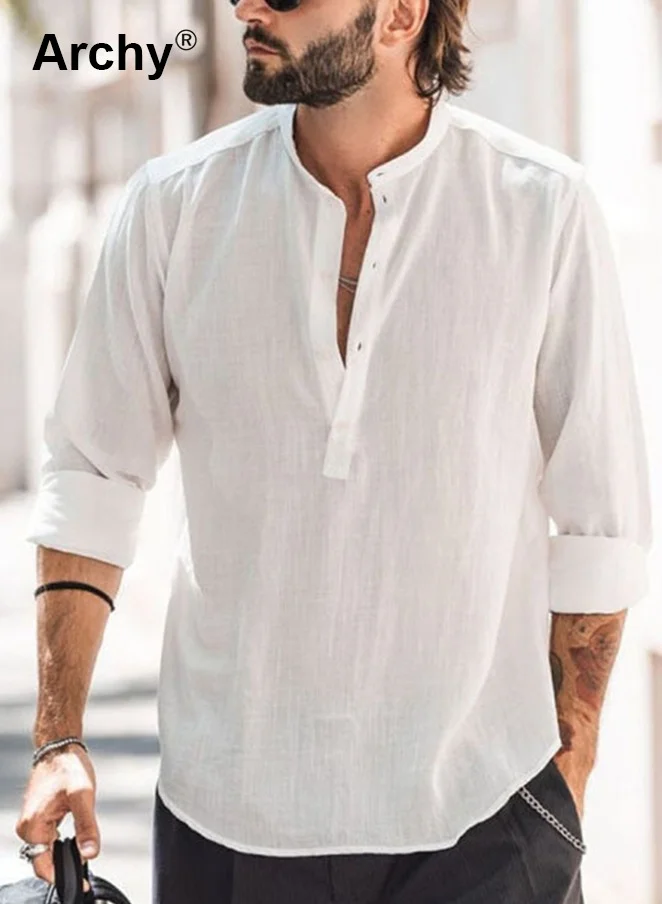 Archy Men's Long Sleeve Linen Cotton Beach Shirt Premium Lightweight Casual Button-Up (White, Large) cvz9n