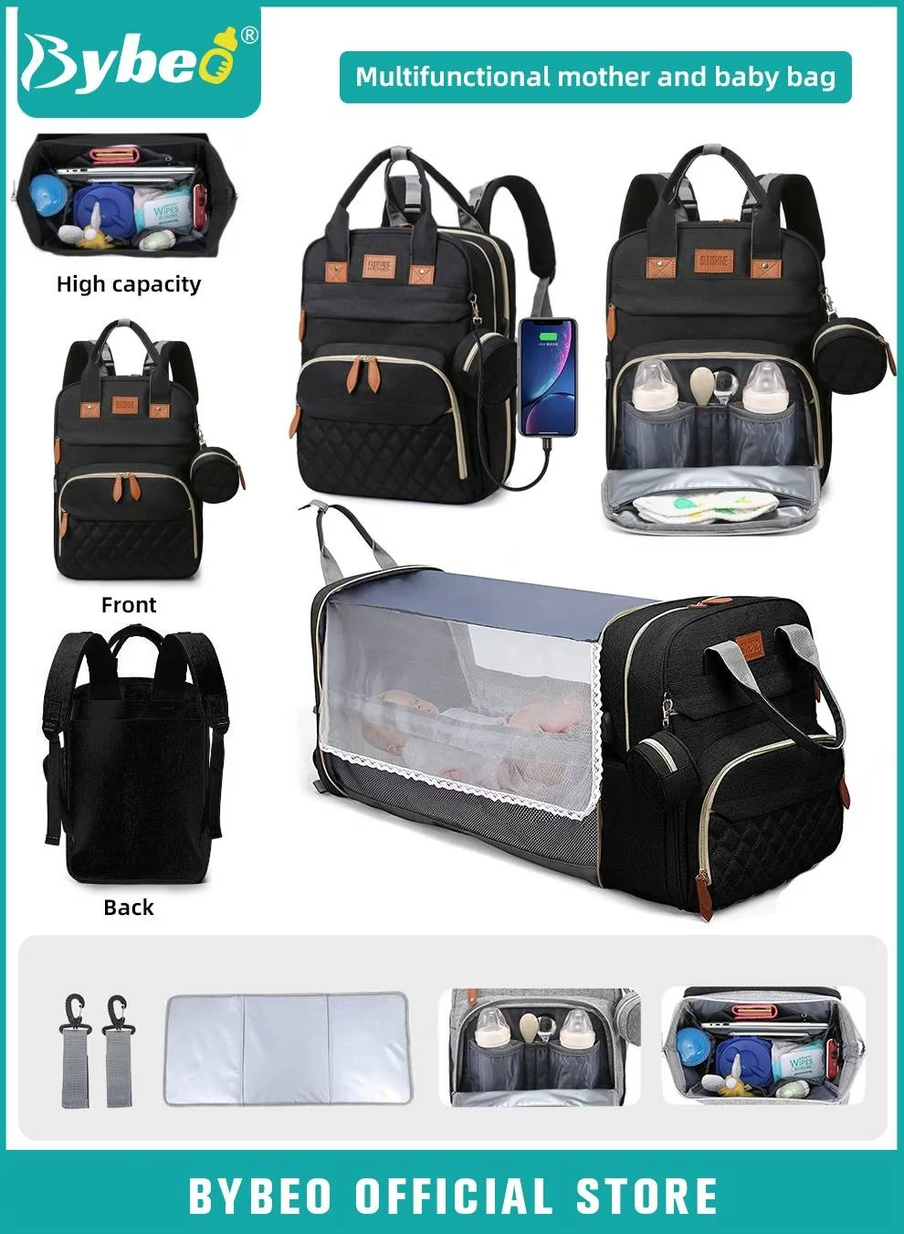 Bybeo Baby Diaper Bag Backpack with Changing Station and USB Port (Large Capacity, 900D Oxford, Unisex) khx8i