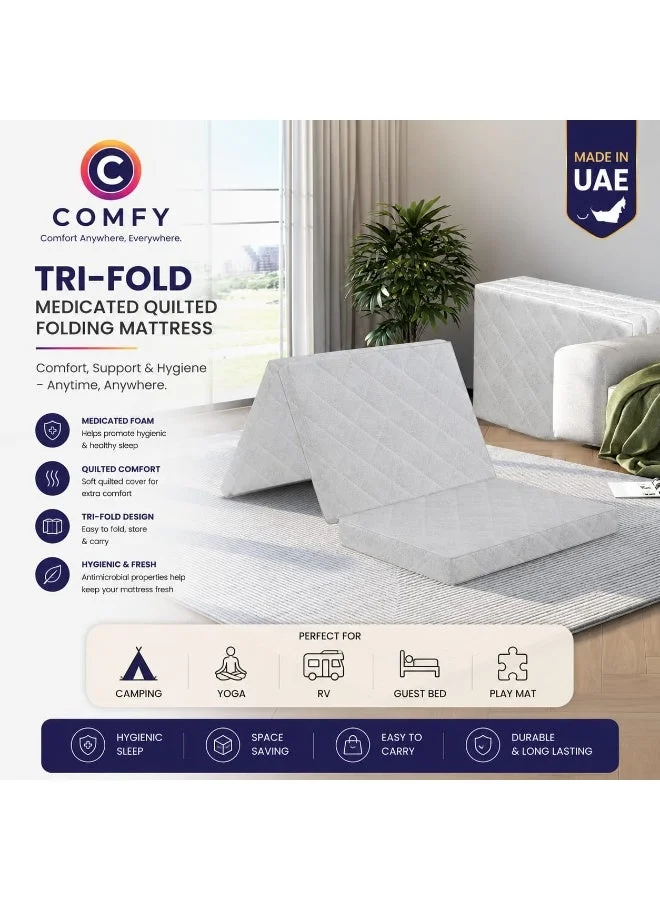 Comfy Tri-Fold Portable Mattress Premium Orthopedic Support Foam (White, 180 x 90 x 7 cm) 8ztah
