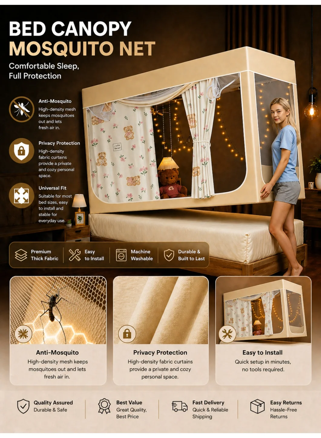 DEONy. Bed Canopy Privacy Tent Curtain (Blackout Polyester, Single Bed Size) 1kpgg